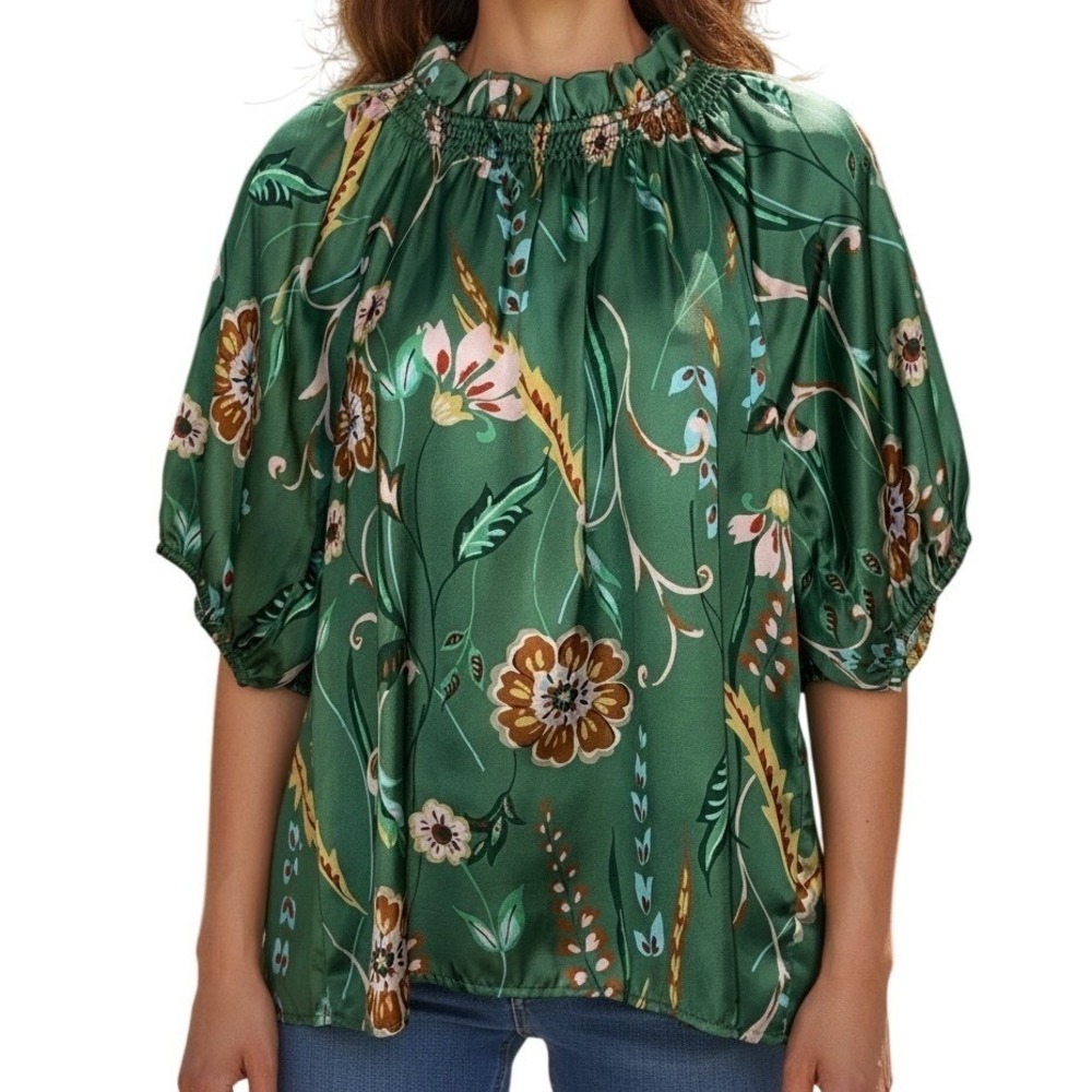 ANTHROPOLOGIE THML Green Floral Smocked Neck Puff Sleeve Blouse EUC Size Small